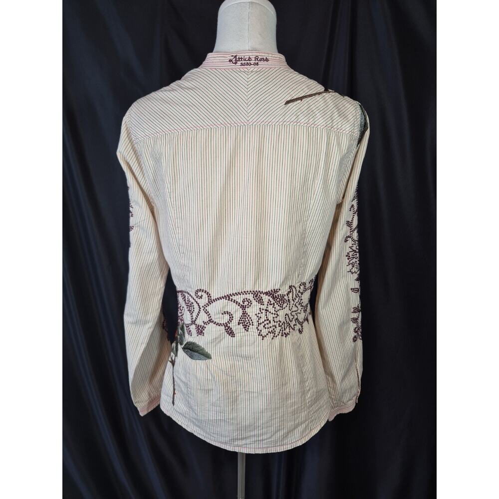Johnny Was 3J Workshop Attico Rose Embroidery Pinstripe Shirt Cream Red Medium - Picture 10 of 14